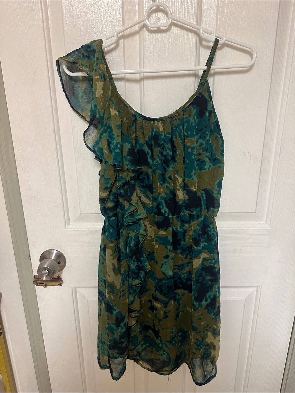 Angie Olive and Teal One-Shoulder Ruffle Dress